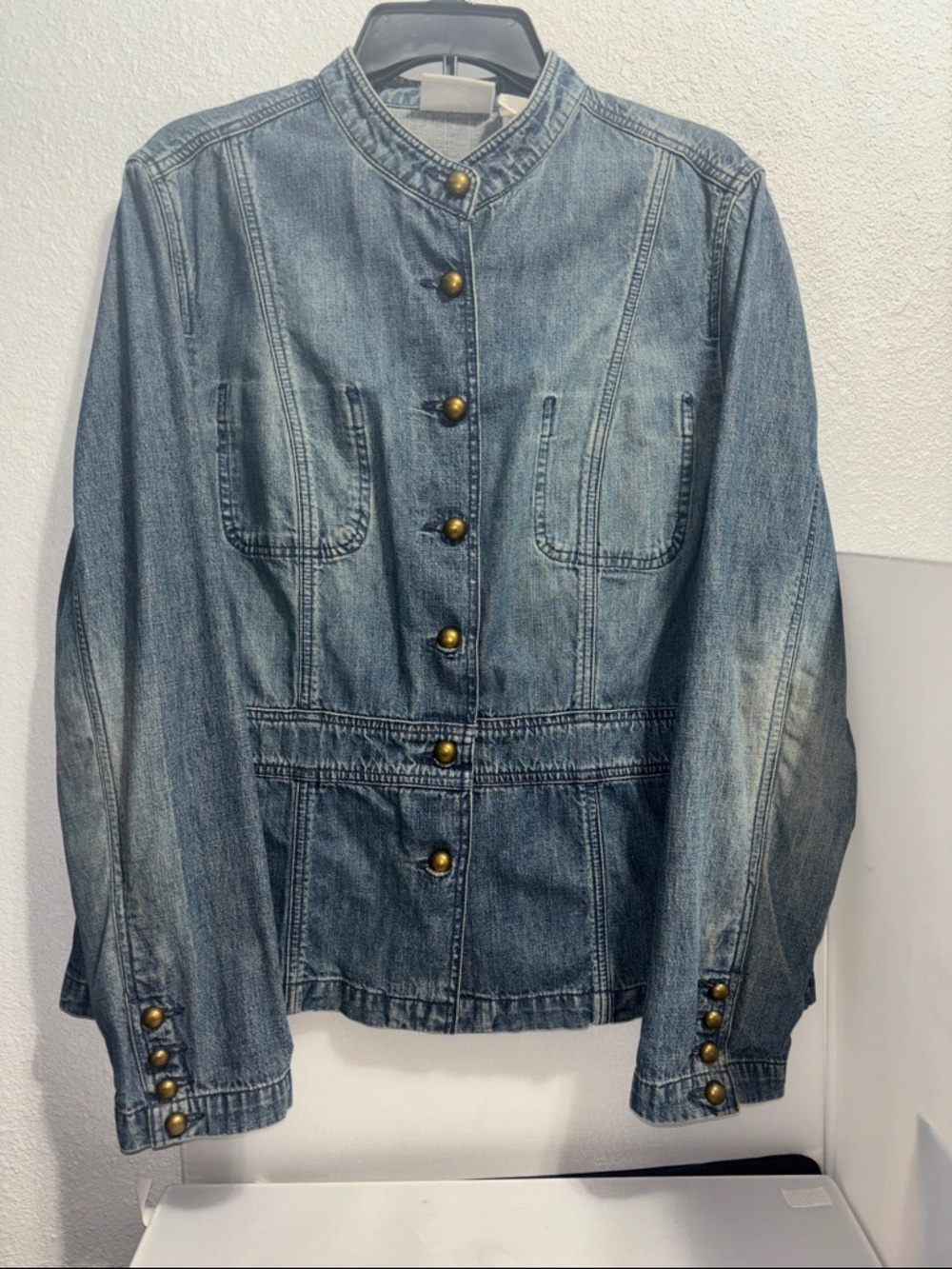 VTG Y2K Liz Claiborne Denim Blazer Jean Jacket Tailored Military Minimalist XL